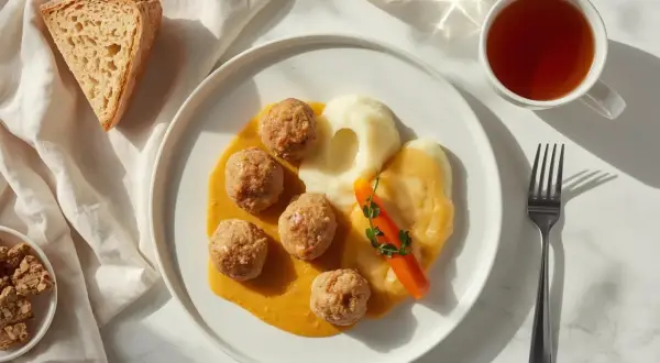 Pyszne klopsiki z puree i marchewką, idealne na dietę lekkostrawną. Do tego kromka chleba i herbata.