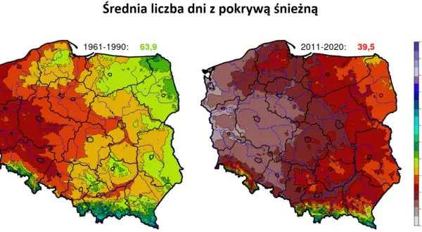 Dwie mapy Polski pokazujące średnią liczbę dni z pokrywą śnieżną w latach 1961-1990 i 2011-2020.