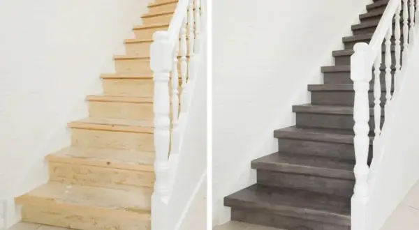 Vorher/Nachher-Vergleich: Alte Holztreppe wird mit dunklen Stufen und weißem Geländer zu modernen **Treppen renovieren Ideen**.