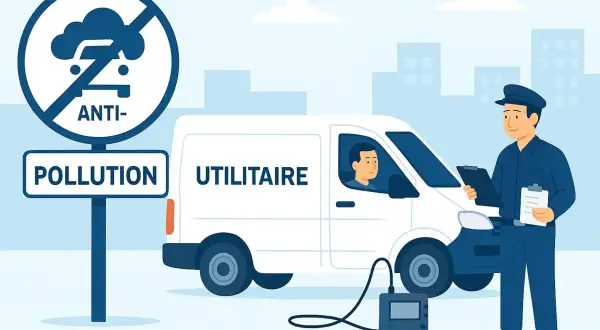 Un agent effectue un contrôle technique anti-pollution sur un utilitaire. Un panneau "Anti-Pollution" est visible.