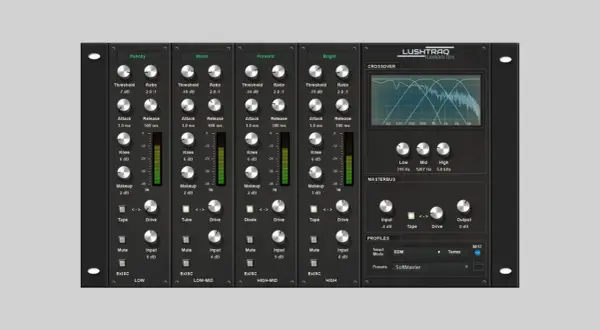 A free multiband compressor interface with four bands: Punchy, Warm, Forward, and Bright. Includes crossover and masterbus controls.