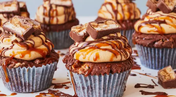 Schokoladen-Muffins mit Erdnussbutter-Frosting, Karamell und Snickers-Stücken. Diese Snickers Muffins sind ein Traum!
