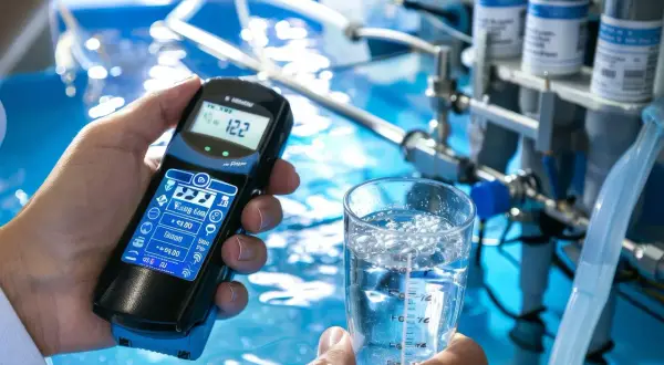 Analyse de la qualité de l'eau potable à Rouen. Un appareil de mesure est tenu au-dessus d'un verre d'eau.