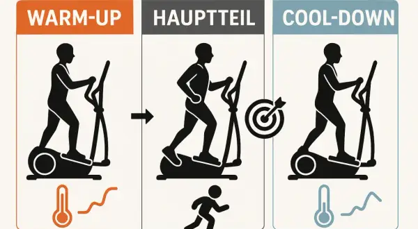 Grafik zeigt, wie man den Crosstrainer einstellen kann: Aufwärmen, Hauptteil mit Zielscheibe und Cool-Down.