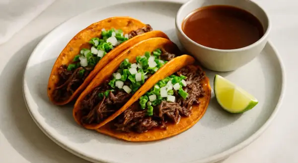 Tre saftiga el birria tacos med lök och koriander, serverade med en skål consommé och en limeklyfta.