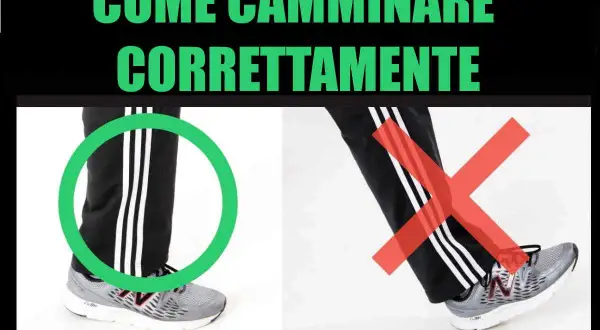 Immagine mostra come fare una camminata corretta: un piede con un cerchio verde, l'altro con una croce rossa.
