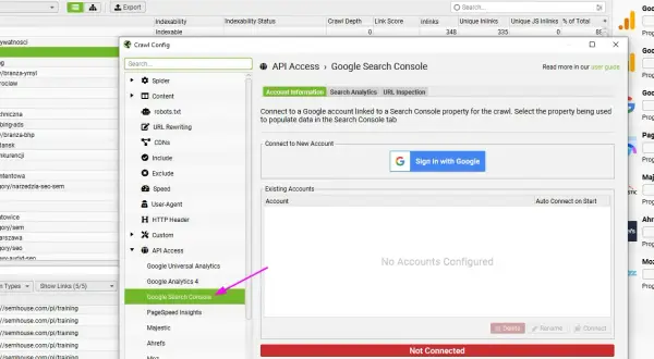 Panel boczny narzędzia SEO z opcją "Google Search Console" i ikoną przypominającą screaming frog seo spider.