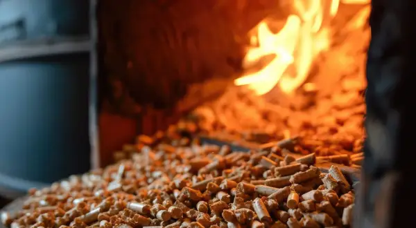 Zbliżenie na pellet w piecu, płomienie w tle. Dowiedz się, jak zlikwidować spieki w piecu na pellet.
