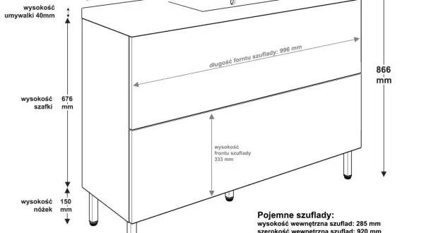 Schemat szafki łazienkowej z wymiarami: całkowita wysokość 866 mm, wysokość szafki 676 mm, wysokość nóżek 150 mm.