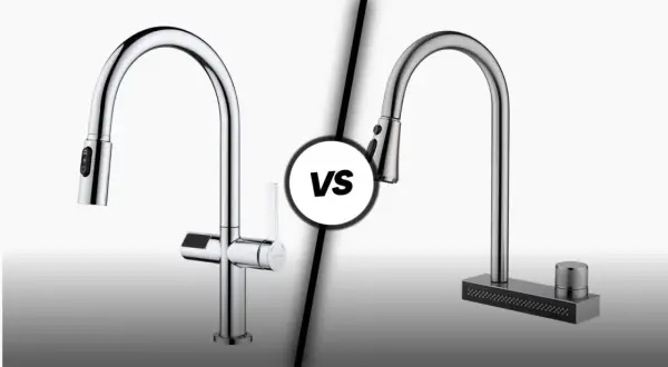 Comparing two kitchen faucets: one sleek chrome, the other a textured brushed nickel. Which finish wins?