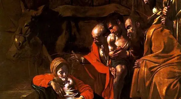 Caravaggio's masterful chiaroscuro illuminates a tender scene: Mary cradles the infant Jesus, while onlookers gaze in awe.
