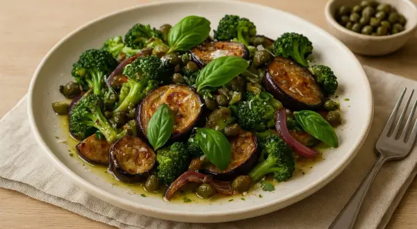 En härlig sallad med friterad kapris, aubergine, broccoli och basilika.