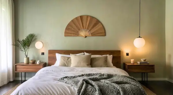 A cozy, dark bedroom with a large bed, wooden beams, and a decorative fan above the headboard.