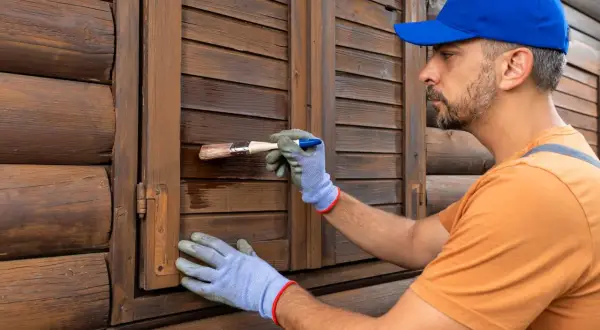 Uomo con cappellino blu e guanti blu effettua la verniciatura persiane in legno scuro, rinnovando la facciata di una casa in tronchi.