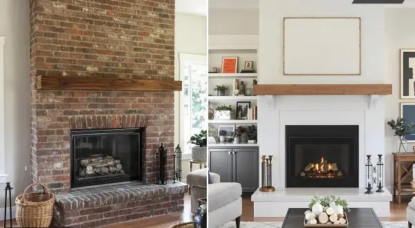 Avant/après d'une rénovation cheminée : d'une imposante structure en briques rouges à une cheminée blanche épurée, modernisée avec une étagère en bois.
