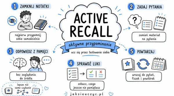 Aktywne przypominanie (Active Recall) to klucz do poprawy pamięci. Zamknij notatki, zadaj pytania, odpowiedz z pamięci, sprawdź luki i powtarzaj.