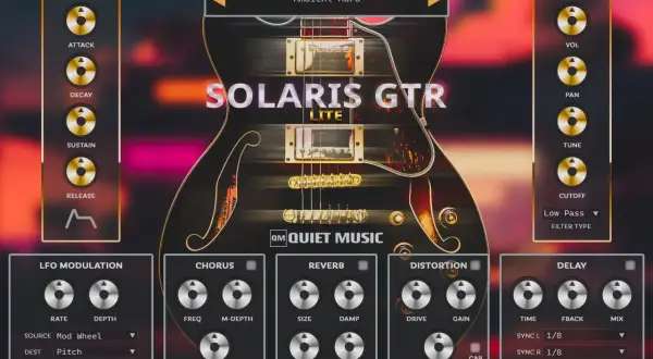 The Solaris GTR Lite, a monster guitar VST, features a sleek interface with ADSR, LFO, Chorus, Reverb, Distortion, and Delay controls.
