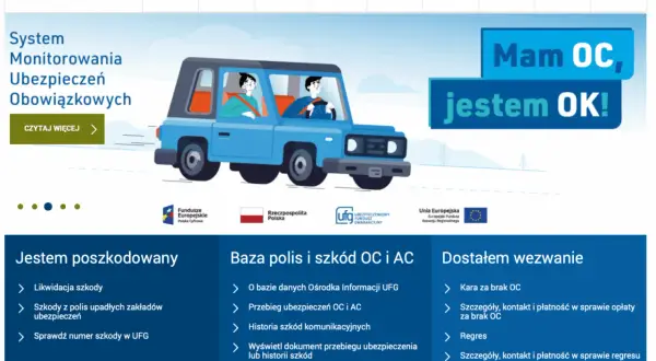 Niebieski samochód z dwiema postaciami, napis "Mam OC, jestem OK!" i logo UFG.