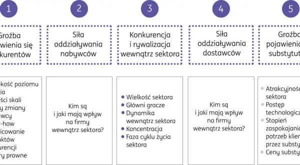 Analiza 5 sił Portera: groźba nowych konkurentów, siła nabywców i dostawców, konkurencja w sektorze oraz groźba substytutów.