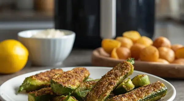 Zucchine croccanti in friggitrice ad aria, pronte in poco tempo. Perfette con limone e patatine.