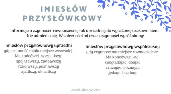 Imiesłowy przysłówkowe: uprzednie (-wszy, -łszy) i współczesne (-ąc). Opisują czynności równoczesne lub uprzednie.