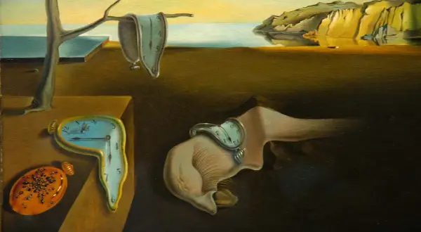 Melting clocks draped over a barren tree and a strange, fleshy form, a hallmark of surrealist artists, evoke a dreamlike landscape where time itself warps.