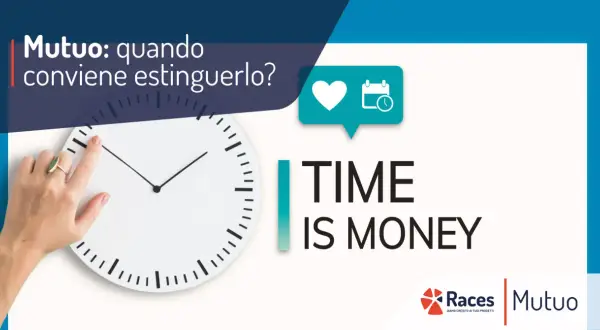 Mano su orologio, "Mutuo: quando conviene estinguerlo?", "TIME IS MONEY". Valutare l'estinzione del mutuo è un investimento di tempo.