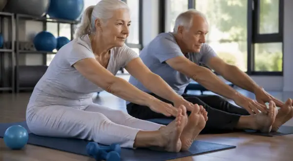 Un couple de seniors fait des exercices de planification, étirant leurs jambes sur des tapis de yoga.