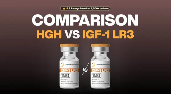 Dwie fiolki IGF-1 LR3 1MG, porównanie HGH vs IGF-1 LR3. Produkt do badań, nie do spożycia przez ludzi.