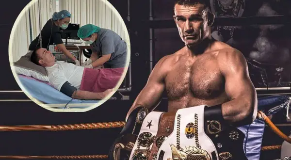 Peter Aerts, en legendarisk tungviktsboxare, visas med sina mästarbälten. I en cirkulär inramning ses han ligga i en sjukhussäng medan två sjuksköterskor övervakar hans tillstånd.