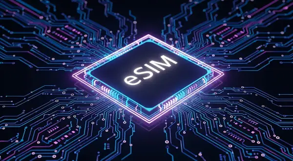 Elektroniczna karta SIM (eSIM) w centrum cyfrowego obwodu, symbolizująca przyszłość telefonów.
