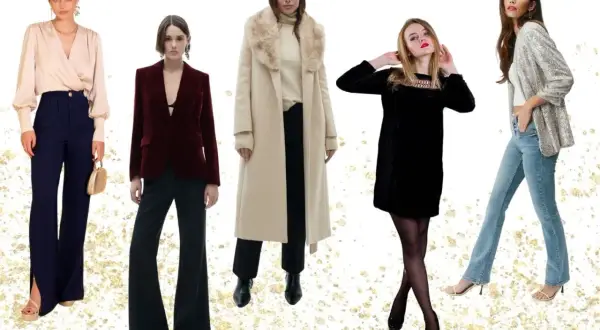 Cinco mujeres lucen elegantes atuendos para Navidad: pantalones palazzo, blazer de terciopelo, abrigo largo, vestido negro y chaqueta de lentejuelas.