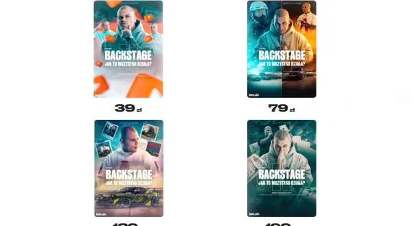 Cztery plakaty z napisem "BACKSTAGE JAK TO WSZYSTKO DZIAŁA?". Różne ceny: 39 zł, 79 zł, 139 zł, 199 zł. Dowiedz się, jak wziąć udział w loterii z Buddą.