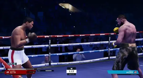 Muhammad Ali and Deontay Wilder face off in the ring. Ali, in white shorts, prepares for an eight punch combo.