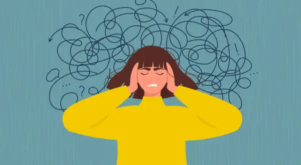 En person med händerna på tinningarna, omgiven av trassliga linjer som symboliserar stress och ångest.