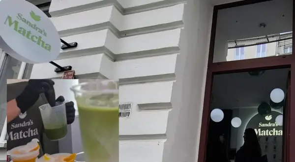 Znak "Sandra's Matcha", przygotowywanie napoju matcha, witryna sklepu.
