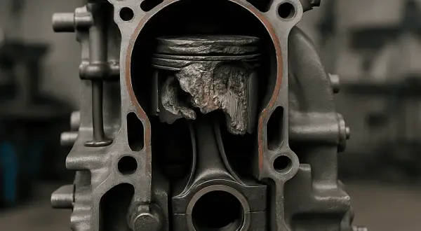 Pistón destrozado en un bloque de motor diésel, un ejemplo visual de cómo gripar un motor diésel.