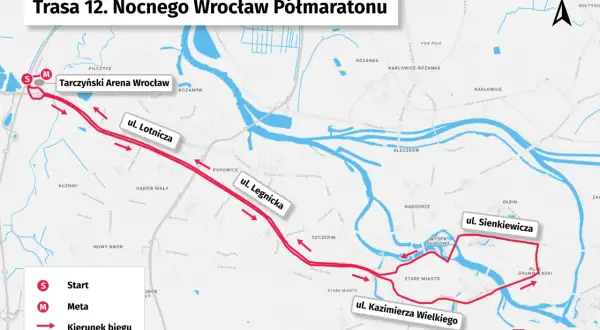 Trasa 12. Nocnego Wrocław Półmaratonu: start na Tarczyński Arena, bieg przez ul. Lotniczą, Legnicką, Sienkiewicza, Kazimierza Wielkiego.