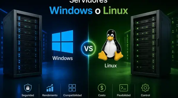 Comparativa de sistemas operativos para servidores: Windows vs. Linux, con iconos de seguridad, rendimiento, compatibilidad, costo, flexibilidad y control.