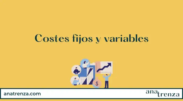 Ilustración sobre costes fijos y variables, con personas, bolsa de dinero y gráfico de crecimiento.