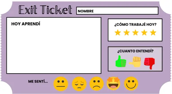 Un **exit ticket** para reflexionar sobre el aprendizaje del día, cómo trabajé y cómo me sentí.