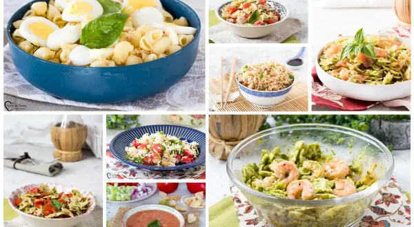 Collage di primi piatti freddi: pasta con uova e tonno, insalata di riso, pasta al pesto con gamberi e salmone, gazpacho.