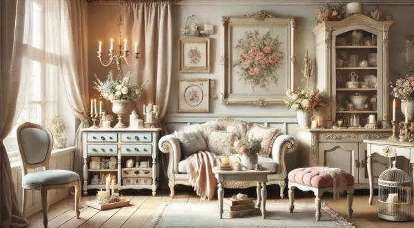 Salotto in stile shabby chic con divano imbottito, cassettiera azzurra, quadri floreali e candele accese.