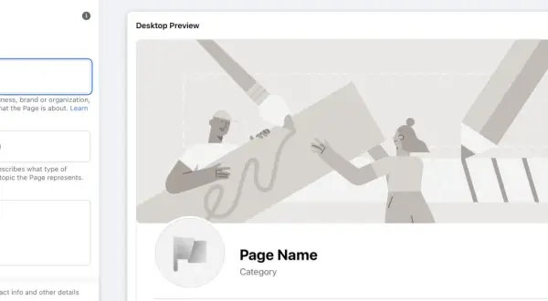 Tworzenie fanpage FB: pole nazwy strony, kategorii i opisu. Podgląd desktopowy pokazuje ilustrację z pędzlem i płótnem.