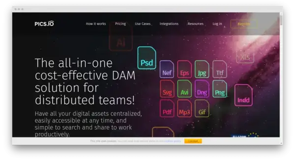 PICS.IO: a cost-effective DAM solution for distributed teams, showcasing various file types like Psd, Jpg, and Pdf.