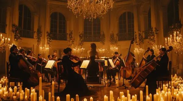 Orkiestra smyczkowa gra w blasku świec. Nastrojowy ludovico einaudi koncert w eleganckiej sali.