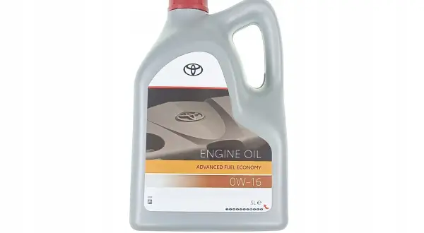 Szara butelka oleju silnikowego Toyota 0W-16 o pojemności 5L.