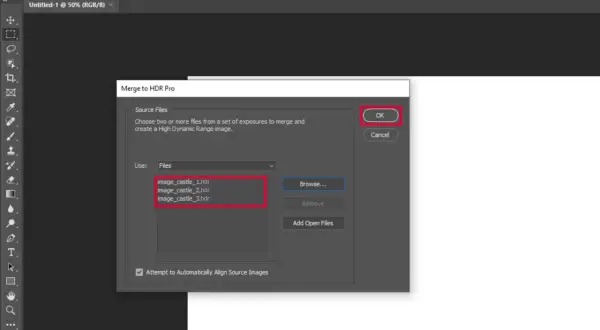 Finestra "Merge to HDR Pro" in Photoshop, pronta per unire tre file .hdr per creare un'immagine con gamma dinamica estesa.
