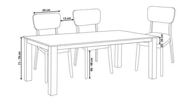 Ritning av ett matbord med tre stolar. Mått för bordets höjd (71-78 cm), avstånd mellan stolar (15 cm), stolens bredd (50 cm) och sitthöjd (25-30 cm) visas.