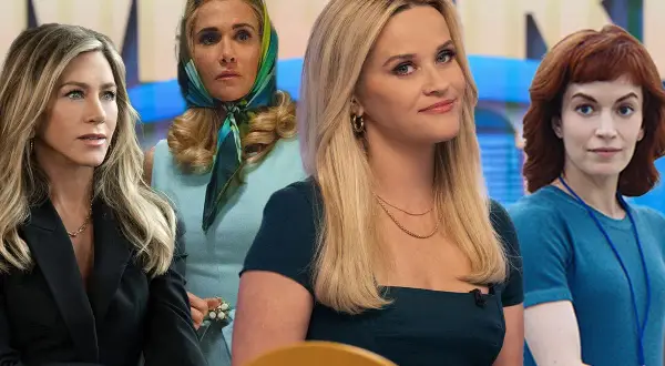 Vier Frauen, darunter Jennifer Aniston und Reese Witherspoon, posieren für eine Apple TV-Serie.
